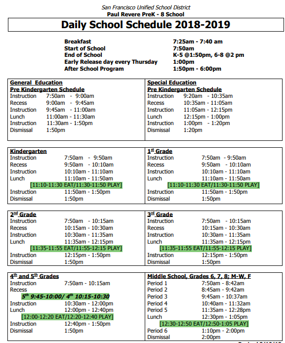 School schedule SFUSD